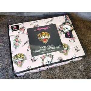 Ed Hardy 6-Piece King Brushed Sheet Set Pink Tattoo-Inspired Design Tiger Skull